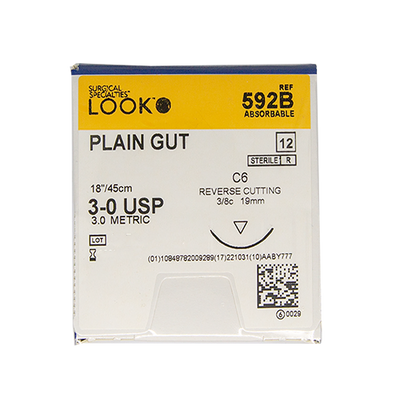 LOOK Sutures, Plain Gut, size 3-0, C6 Needle, 3/8" L-18", Circle (12pk)