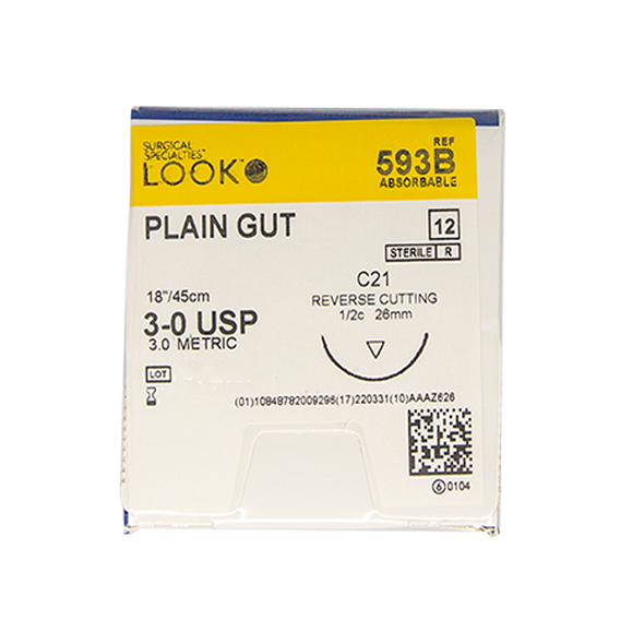 LOOK Sutures, Plain Gut, size 3-0, C21 Needle, L-18", 1/2 Circle (12pk)