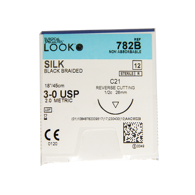 LOOK Sutures, Silk Black Braided, size 3-0, C21 Needle, L-18" (12pk)